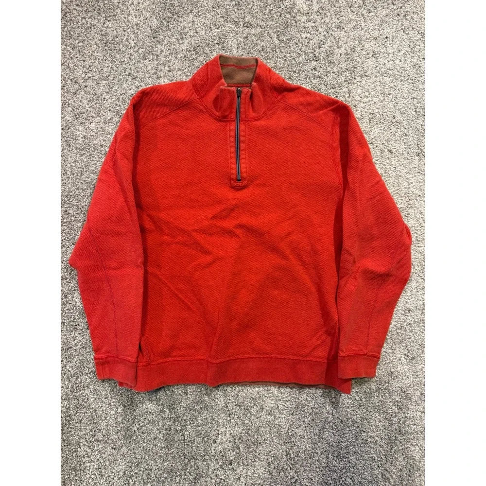 Tommy Bahama Pullover Mens Large Red Reversible Quarter Zip Cotton Ribbed Knit *